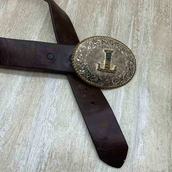 Justin SZ 32 Black Leather Belt with Crumrine TEXAS Buckle Gold Silver Two Tone - Picture 5 of 9